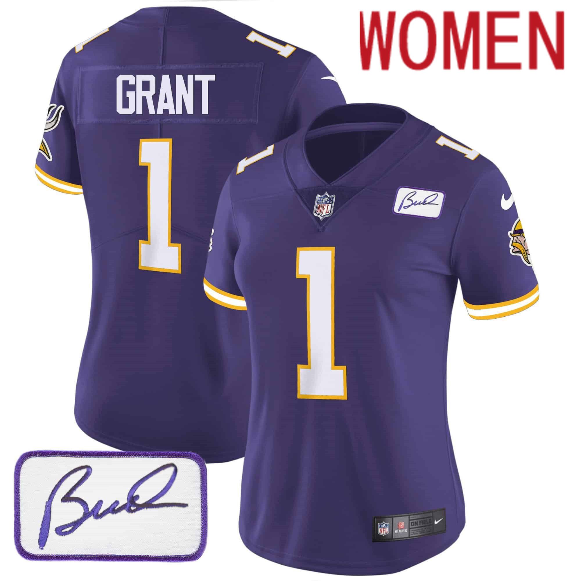 Women Minnesota Vikings #1 Grant Purple 2024 Nike Bud Grant Patch Classic Limited NFL Jersey style 3